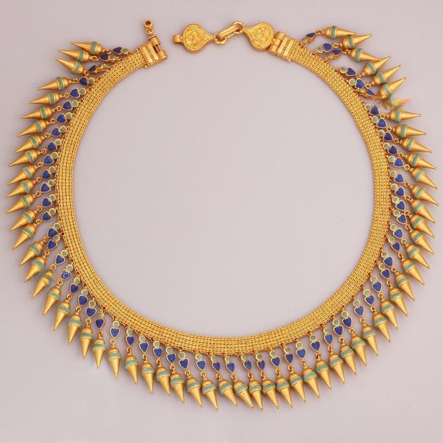 Hellenistic Style Necklace with Double loop in loop Chain Band, Hanging Amphoras and Enamel