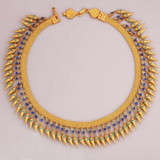 Hellenistic Style Necklace with Double loop in loop Chain Band, Hanging Amphoras and Enamel